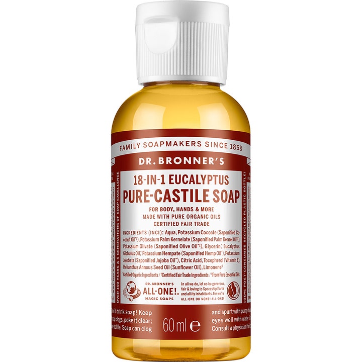 Dr. Bronner's 18-in-1 Eucalyptus Pure-Castile Soap 60 ml forfriskende økologisk sæbe i lille plastflaske med hvidt låg