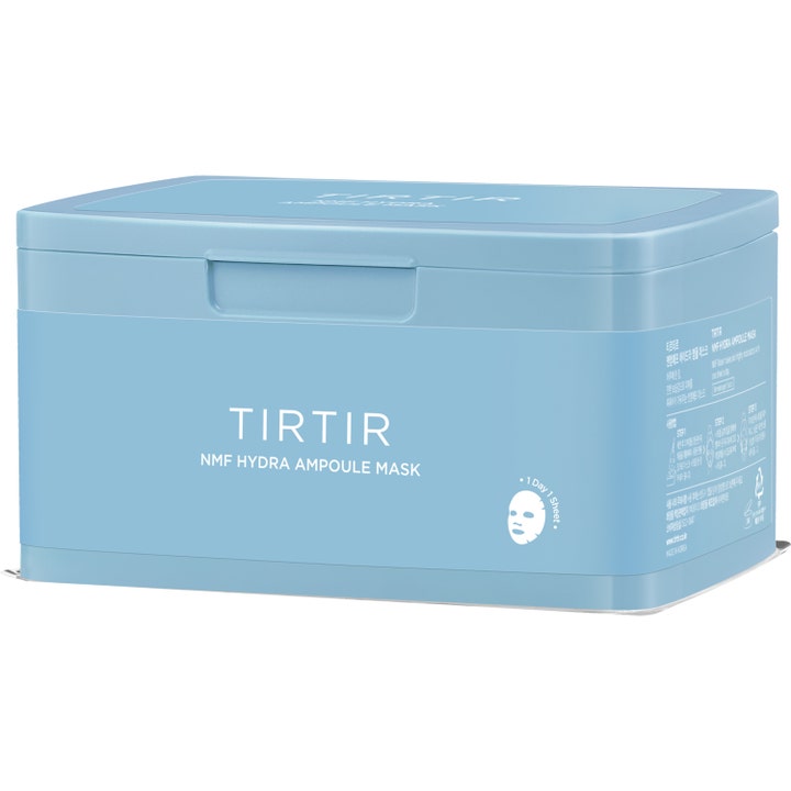 TIRTIR Nmf Hydro Ampoule Mask 350 g fugtgivende ansigtsmaske i en lyseblå boks med hvid skrift og låg