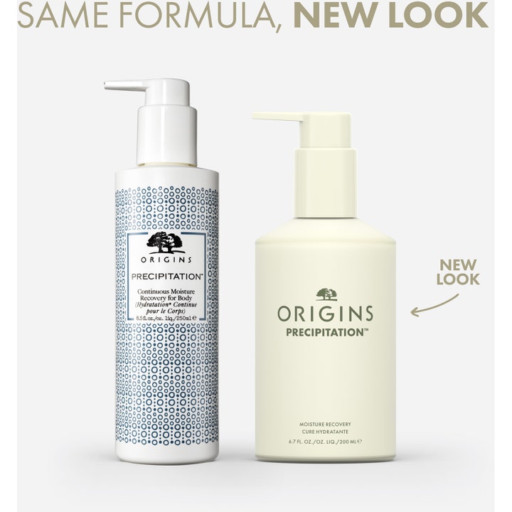 Origins Precipitation Moisture Recovery 200 ml fugtgivende body lotion i nyt design med en enkel cremefarvet pumpeflaske