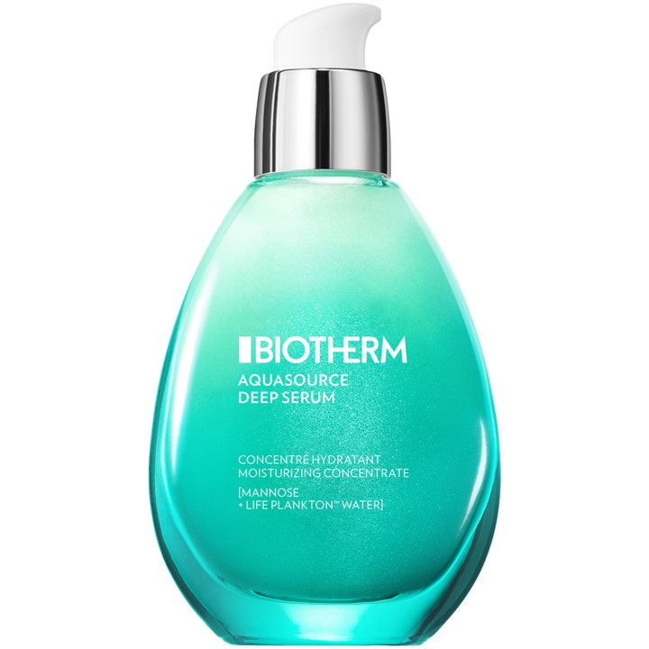 Biotherm Aquasource Deep Serum 50 ml fugtgivende koncentrat i turkis glasflaske med sølvpumpe der giver huden glød.