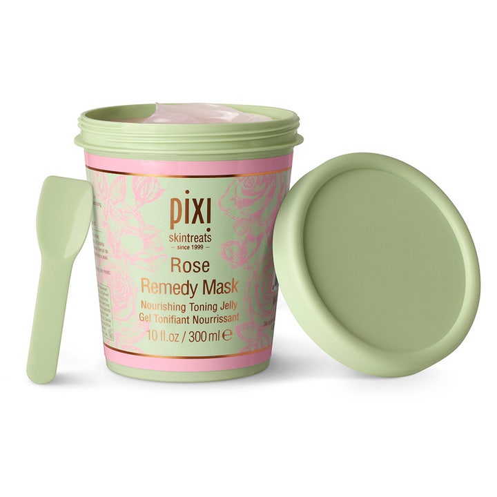 Pixi Rose Remedy Mask 300 ml beroligende ansigtsmaske i lysegrøn krukke med lyserød gelé og lille spatel