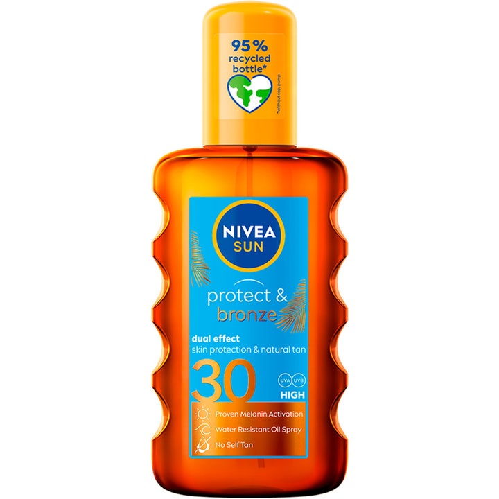 NIVEA Sun Protect & Bronze Oil 200 ml solbeskyttelse i orange sprayflaske med gult låg giver naturlig kulør