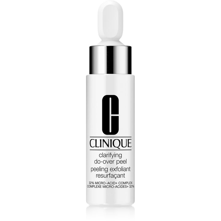 Clinique Clarifying Do-Over Peel 30ml eksfolierende peeling der fornyr huden i hvid flaske med hvid pipette.