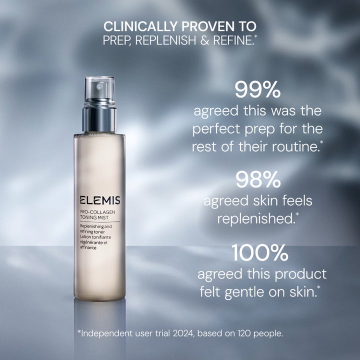 Elemis Pro-Collagen Toning Mist 150 ml fugtgivende face mist i sølvfarvet sprayflaske med kliniske testresultater