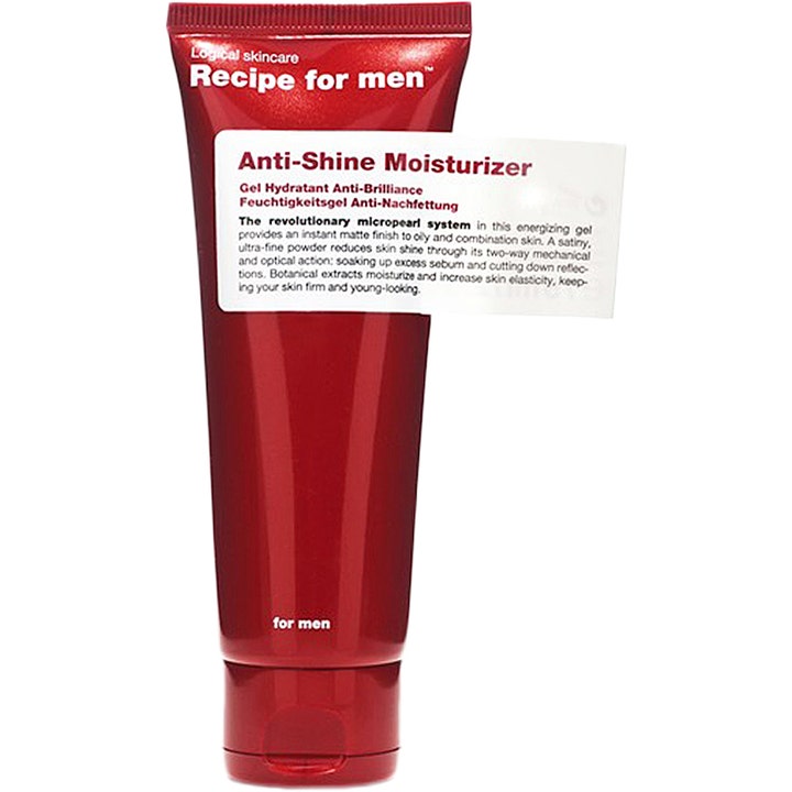Recipe for men Anti-Shine Moisturizer ansigtscreme mod skinnende hud i rød tube med hvid label.