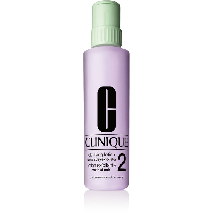 Clinique Clarifying Lotion 2 eksfolierende ansigtsvand der giver glød i lilla frostet flaske med grønt låg