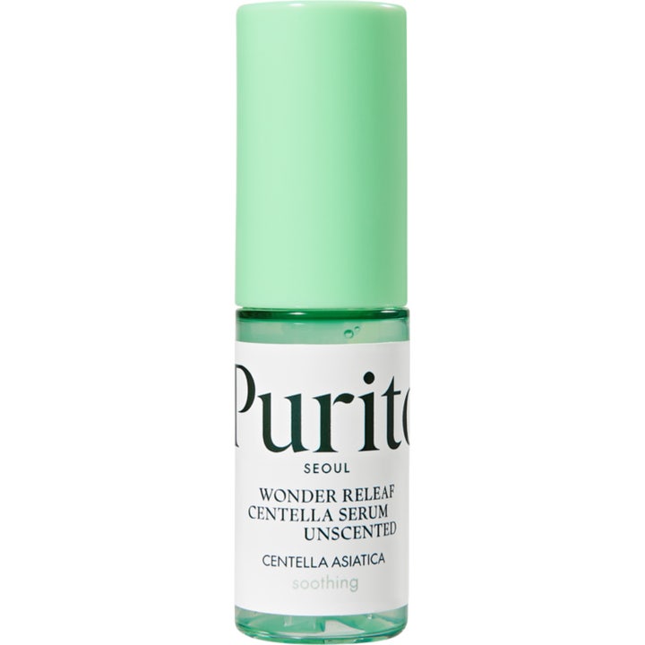 Purito Wonder Releaf Centella Serum Unscented 60ml beroligende serum i klar flaske med hvid label og lysegrønt låg