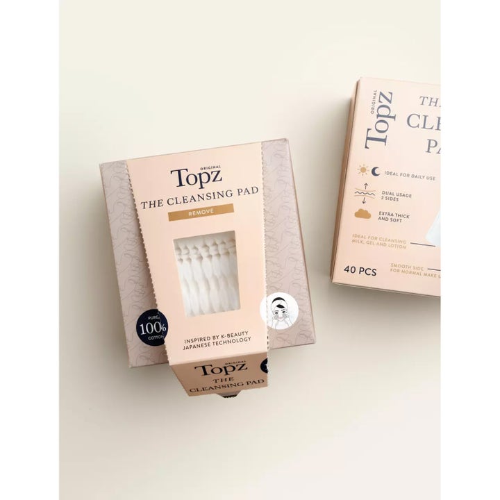 Topz The Cleansing Pad 40 stk hudplejeværktøj fjerner makeup effektivt i beige æske med hvide bomuldsrondeller