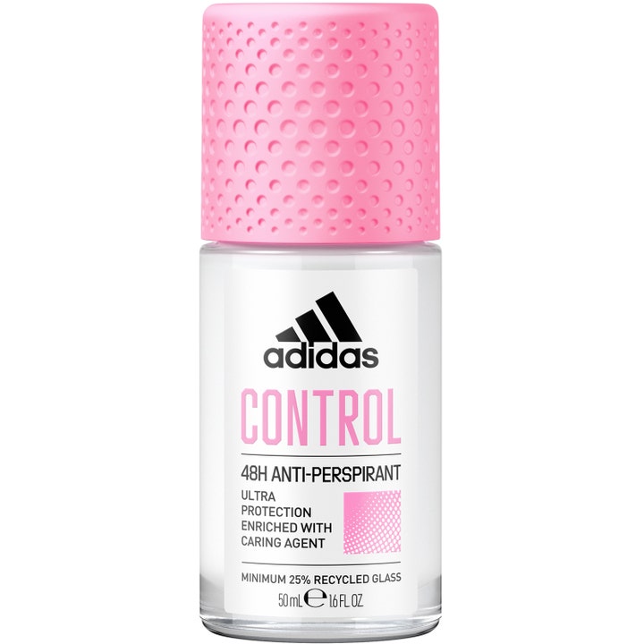 Adidas Control 50ml anti-perspirant giver ultra beskyttelse i en klar glasflaske med et lyserødt nupret låg