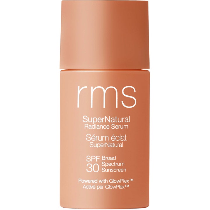 RMS Beauty SuperNatural Radiance Serum SPF 30 30ml glødgivende solbeskyttelse i ferskenfarvet flaske