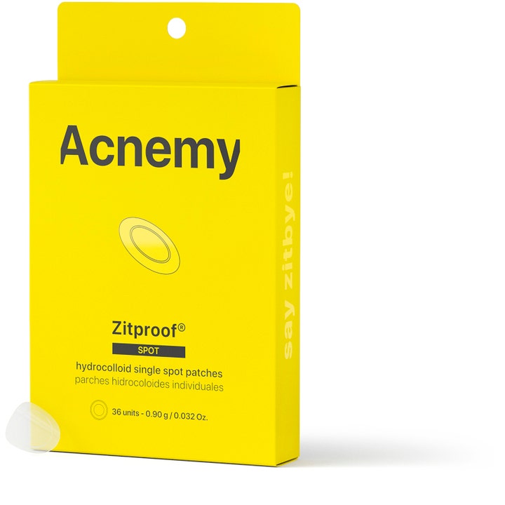 Acnemy Zitproof Spot 36 stk bumseplastre mod urenheder i en gul papæske med et gennemsigtigt rundt hydrokolloidplaster.