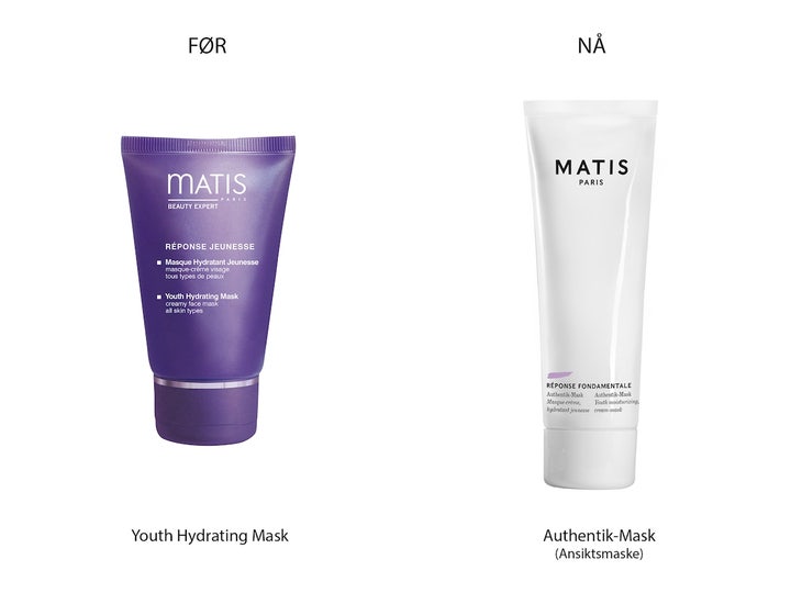 Matis Fondamentale Authentik-Mask 50 ml fugtgivende ansigtsmaske i hvid tube sammenlignet med det gamle lilla design