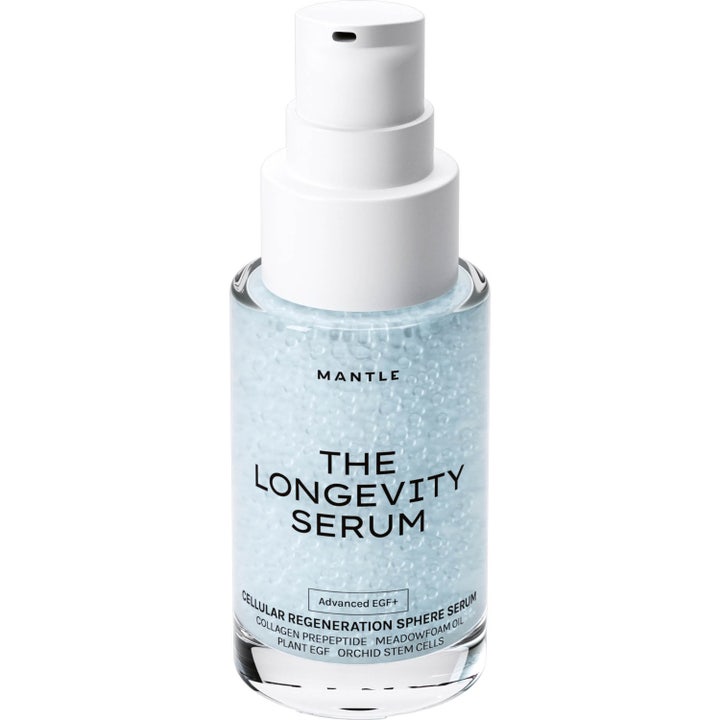 MANTLE The Longevity Serum 30 ml celleregenererende ansigtsserum med svævende blå sfærer i en klar formel