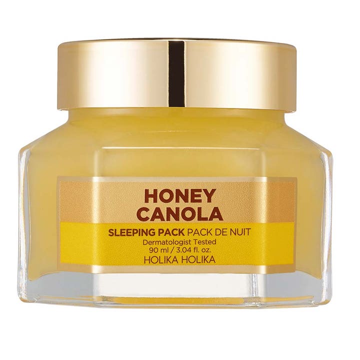 Holika Holika Honey Canola Sleeping Pack 90 ml nærende natmaske i en sekskantet glaskrukke med guld låg