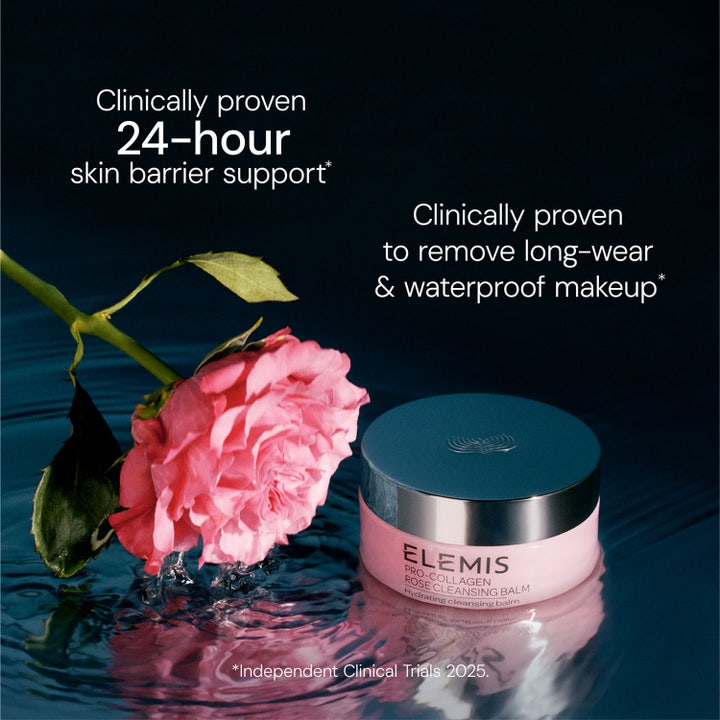 Elemis Pro-Collagen Rose Cleansing Balm 105 g fjerner vandfast makeup i lyserød krukke ved en rose i vandet.