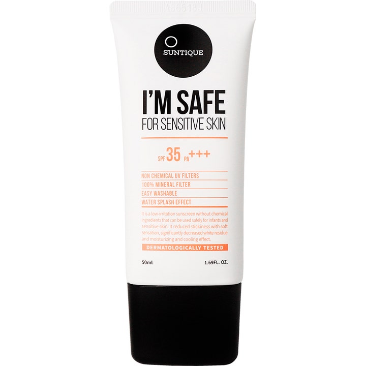 Suntique I'm Safe For Sensitive Skin 50ml beskyttende solcreme med mineralfilter i hvid tube med sort låg
