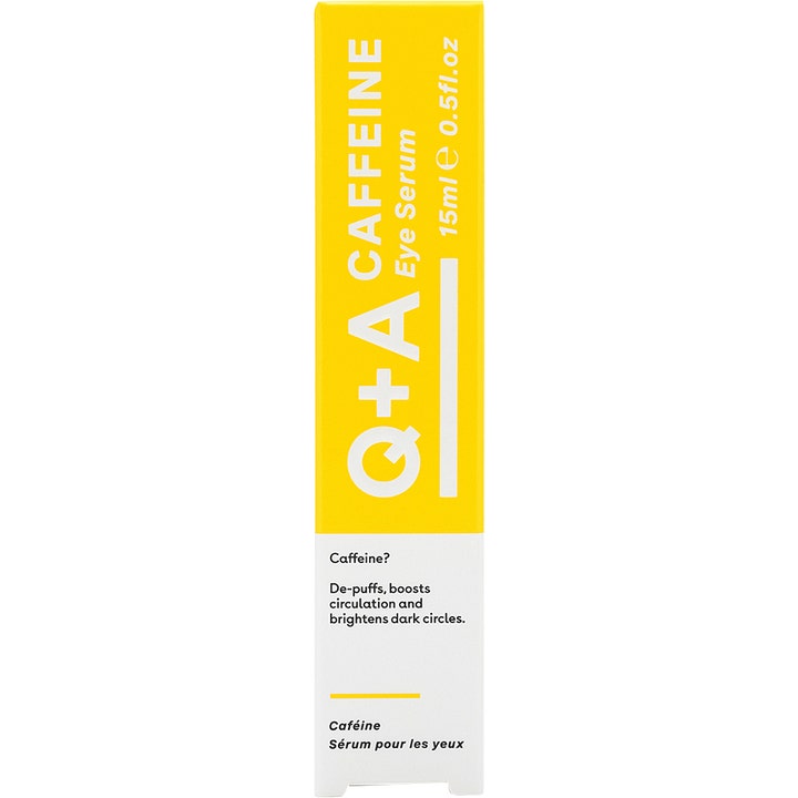 Q+A Caffeine Eye Serum 15ml opfriskende øjeserum mod mørke rander i gul og hvid papæske