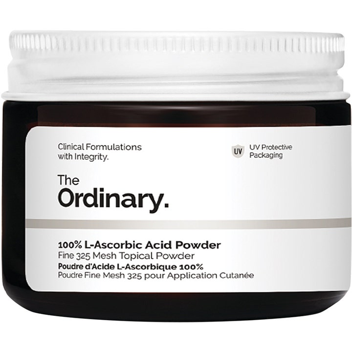 The Ordinary 100% L-Ascorbic Acid Powder 20g lysnende C-vitamin i mørk glaskrukke med hvidt låg