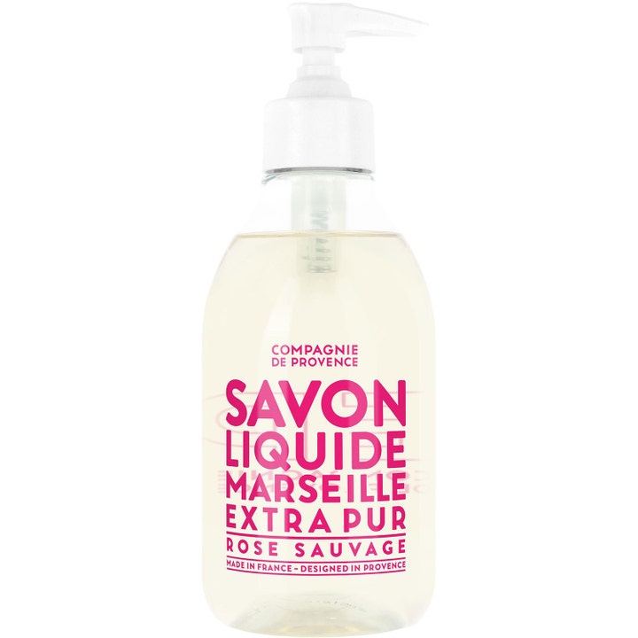 Compagnie de Provence Savon Liquide Marseille Rose Sauvage flydende håndsæbe i klar plastflaske med hvid pumpe