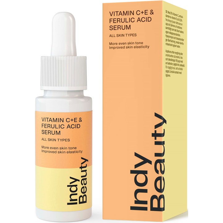 Indy Beauty Vitamin C+E & Ferulic Acid Serum 30 ml glødgivende serum i hvid flaske og ferskenfarvet æske