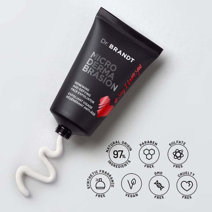 Dr Brandt Microdermabrasion 60 g fornyende ansigtsskrub giver glød i sort tube med cremet hvid tekstur.