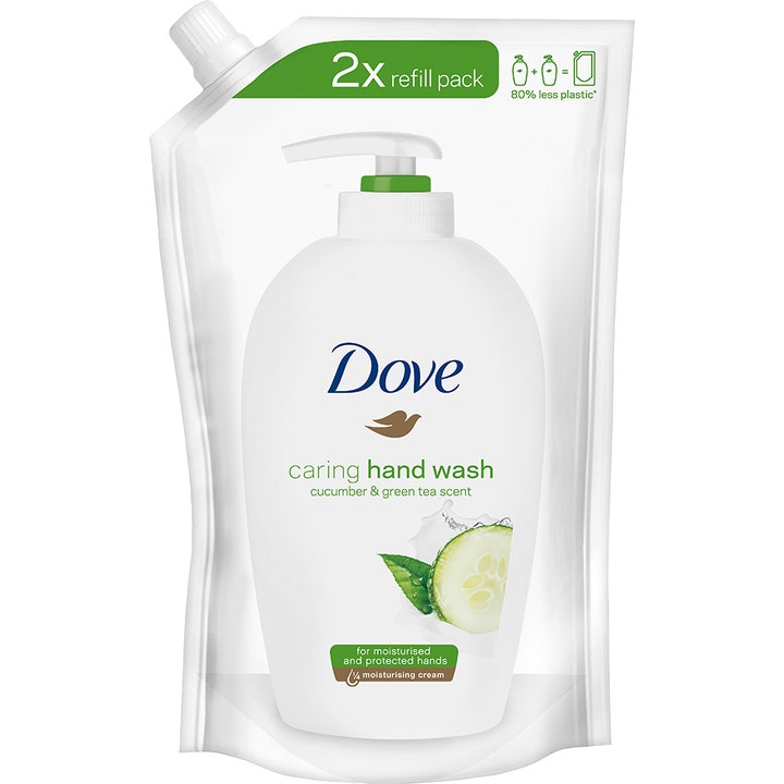 Dove Caring Hand Wash 2x refill pack plejende håndsæbe i plastpose med frisk agurk og grøn te