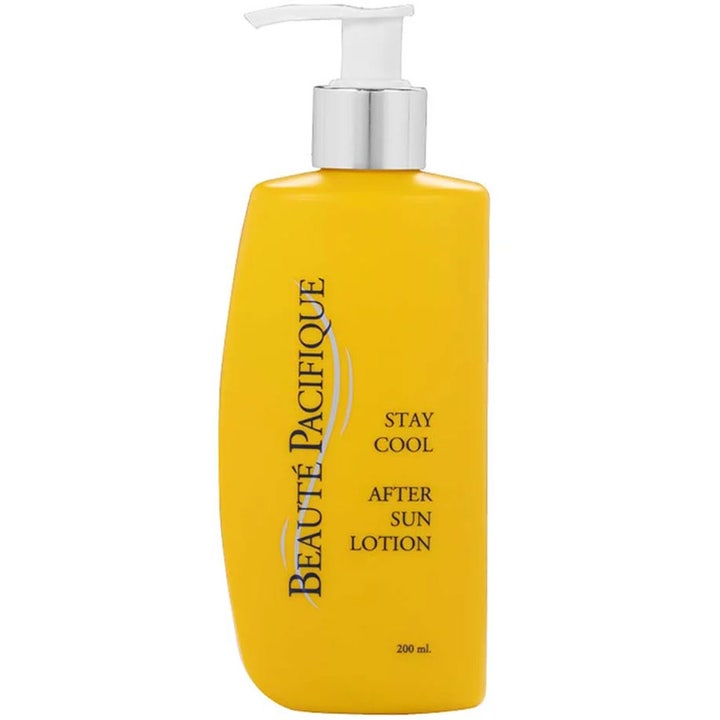 Beauté Pacifique Stay Cool After Sun Lotion 200 ml kølende kropspleje i gul pumpeflaske med sølvdetaljer