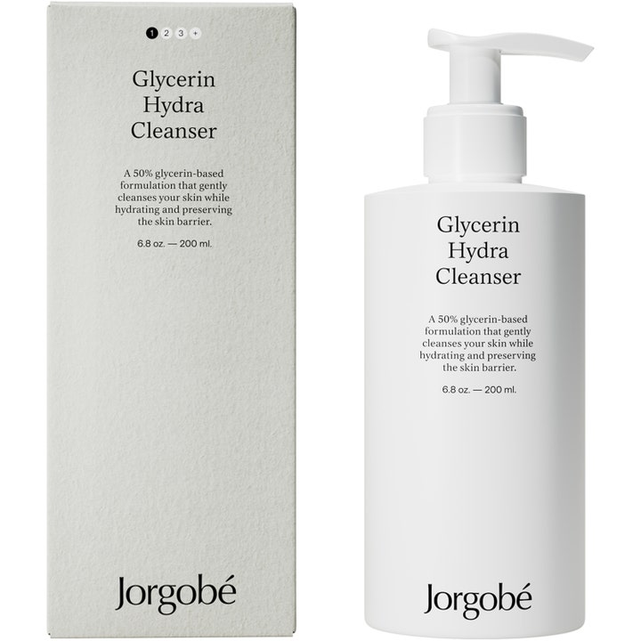 Jorgobé Glycerin Hydra Cleanser 200 ml fugtgivende ansigtsrens med 50% glycerin i hvid pumpeflaske og æske.