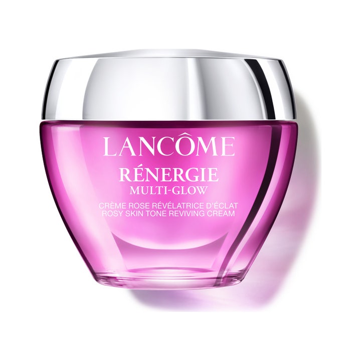 Lancôme Rénergie Multi-Glow 50 ml glødgivende ansigtscreme i en luksuriøs lyserød glaskrukke med sølvlåg