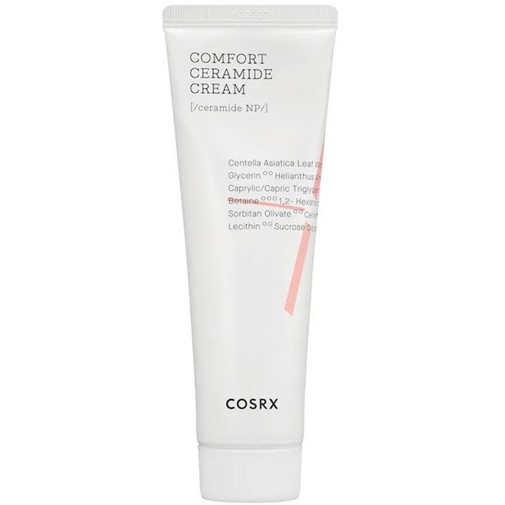 COSRX Comfort Ceramide Cream 80g styrkende ansigtscreme i hvid tube med ceramide NP og ferskenfarvet detalje.