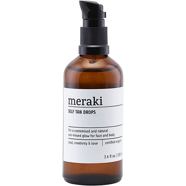 Meraki Self Tan Drops 100 ml selvbruner giver naturlig glød i en ravfarvet glasflaske med sort pumpe.