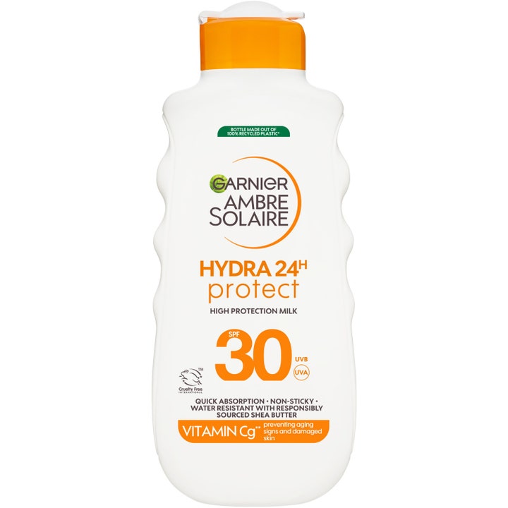 Garnier Ambre Solaire Hydra 24H Protect SPF 30 fugtgivende solcreme i hvid plastflaske med orange vippelåg