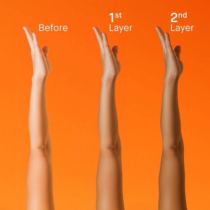EVY Technology Selftan Face and Body Mousse 150 ml selvbruner viser før og efter resultat af første og andet lag.