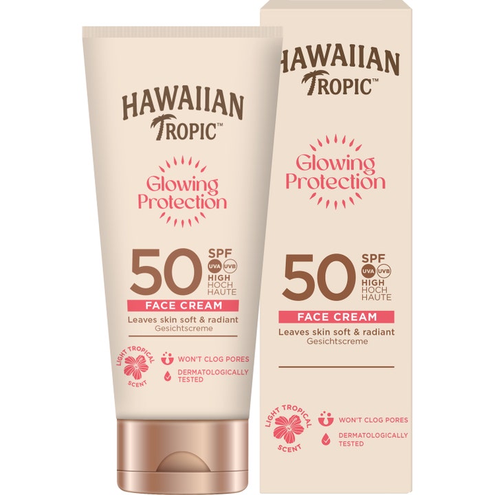 Hawaiian Tropic Glowing Protection Face Lotion 50 ml solcreme til ansigtet i beige tube og æske med SPF 50 og bronzelåg