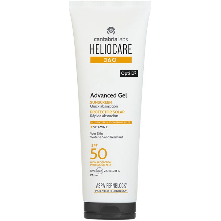 Heliocare 360 Advanced Gel SPF 50 solcreme i hvid tube med sort låg giver hurtigtabsorberende beskyttelse.