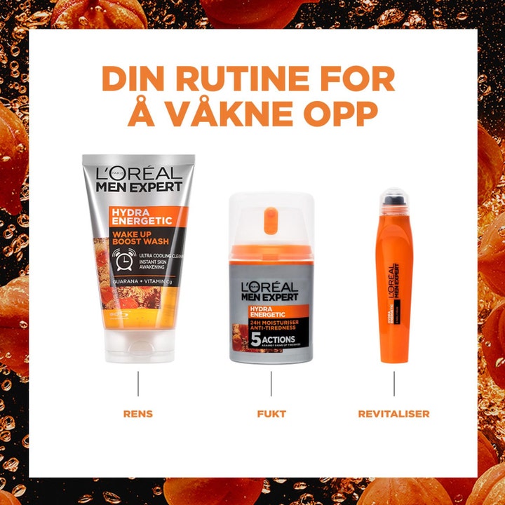 L'Oréal Paris Men Expert Hydra Energetic ansigtsvask i en 3-trins rutine med rens, fugtighedscreme og øjen-roll-on.