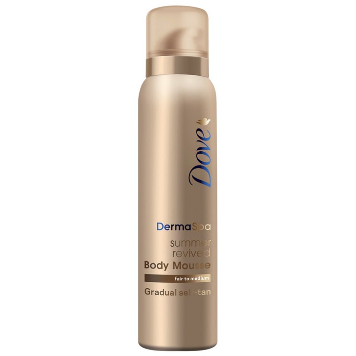 Dove DermaSpa Summer Revived Body Mousse 150 ml selvbruner i gylden flaske der giver naturlig glød