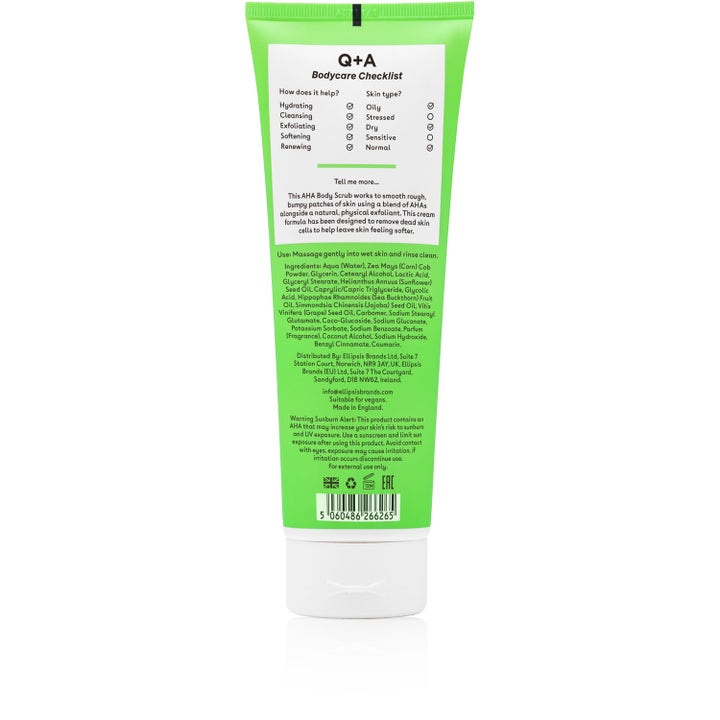 Q+A AHA Exfoliator Body Scrub 250 ml eksfolierende kropspleje i grøn tube med ingrediensliste og info bagpå.