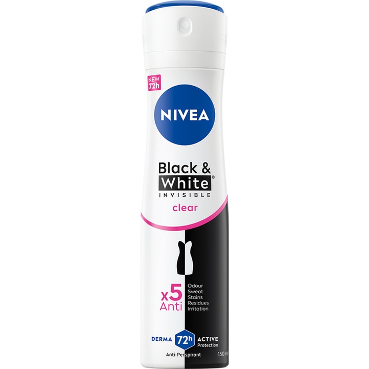 Nivea Black & White Invisible Clear 150 ml antiperspirant modvirker pletter på tøjet i en hvid sprayflaske med blåt låg