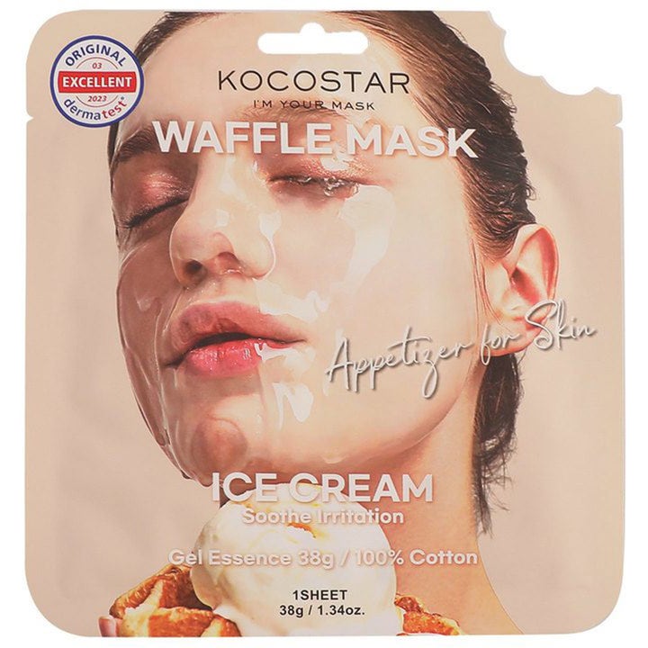 Kocostar Ice Cream Waffle Mask 38g beroligende sheetmaske i pose prydet med kvinde og isvaffel