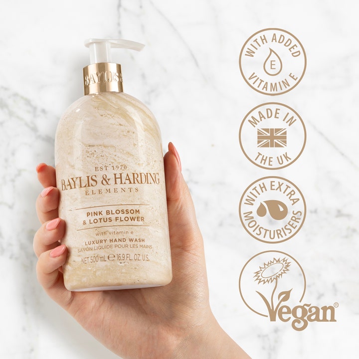 Baylis & Harding Elements Pink Blossom & Lotus Flower 500 ml fugtgivende vegansk håndsæbe i marmoreret flaske