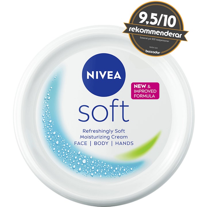 NIVEA Soft 300 ml fugtgivende fugtighedscreme i hvid krukke med Buzzador-anbefaling og pink mærkat