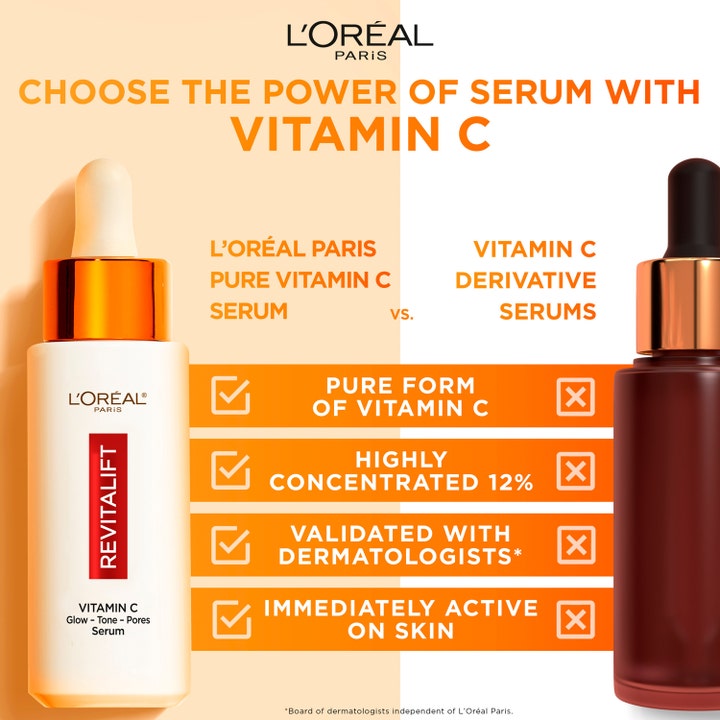 L'Oréal Paris Revitalift Clinical 30 ml vitamin C serum sammenlignes med andre serummer i en infografik.