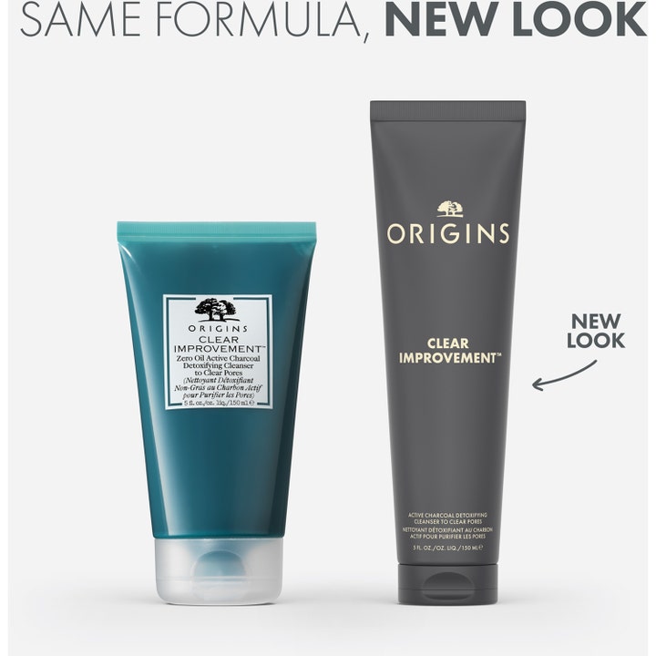 Origins Clear Improvement Active Charcoal Cleanser 150 ml ansigtsvask i nyt gråt design ved siden af den gamle tube