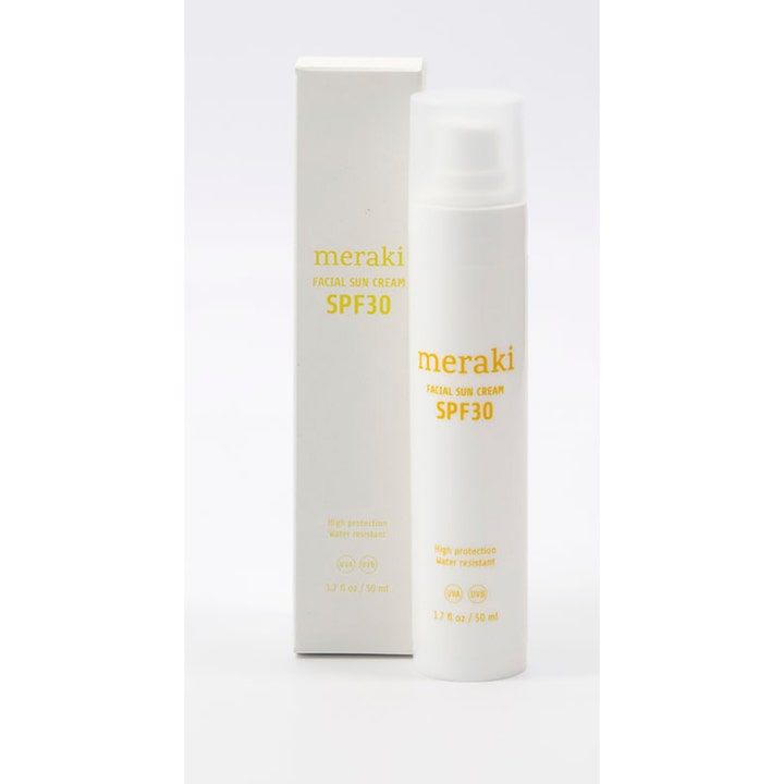 Meraki Facial Sun Cream 50 ml solcreme til ansigtet SPF30 i hvid pumpeflaske og tilhørende hvid æske.