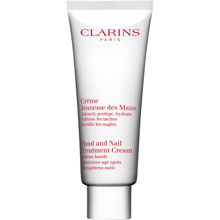 Clarins Hand and Nail Treatment Cream 100 ml blødgørende håndcreme i hvid tube med rød tekst og sølvfarvet låg