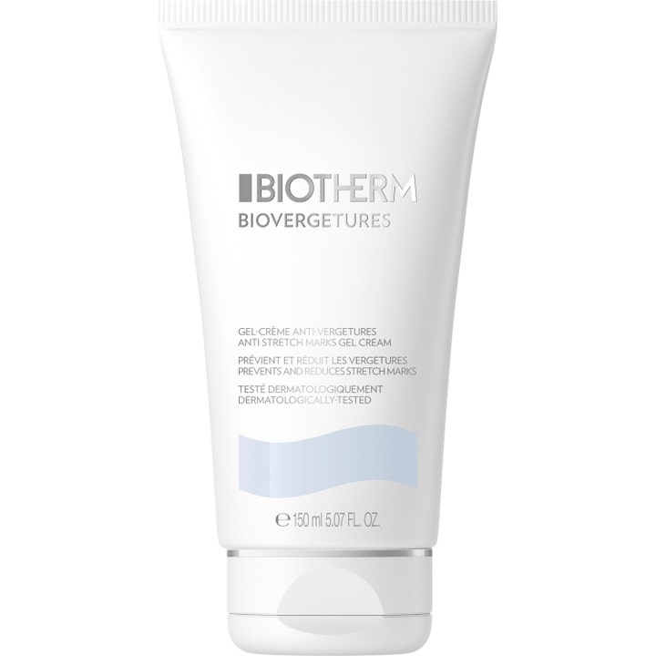 Biotherm Biovergetures 150 ml kropscreme mod strækmærker i hvid tube med lyseblå bølge og sølvdetaljer.