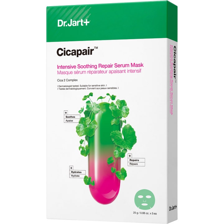 Dr.Jart+ Cicapair Intensive Soothing Repair Serum Mask 25 g x 5 stk beroligende ansigtsmaske i hvid æske med grøn kapsel