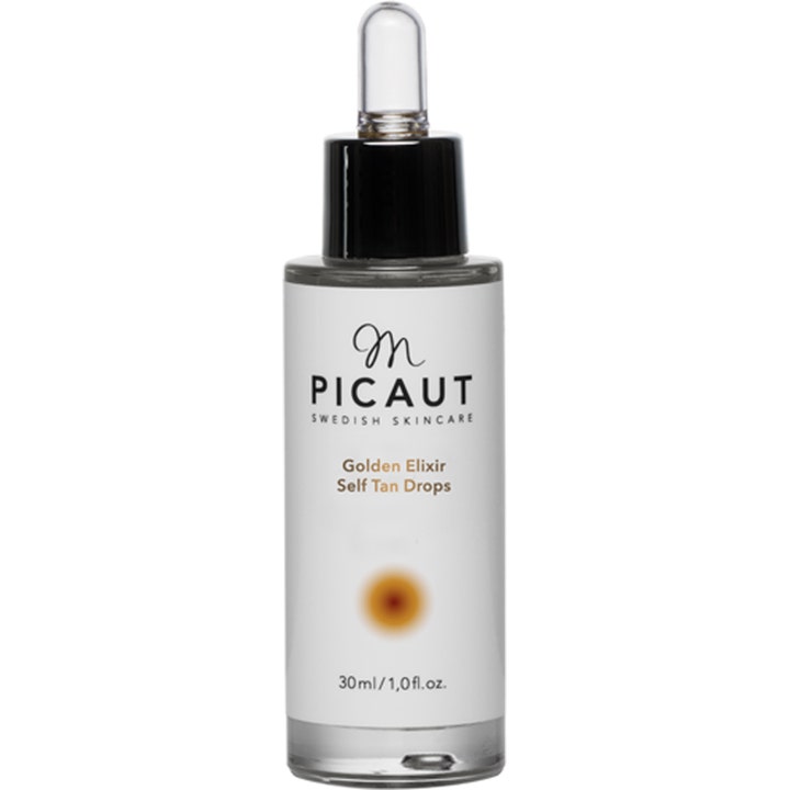 M. Picaut Golden Elixir Self Tan Drops 30 ml giver solkysset glød i en klar glasflaske med sort pipettelåg