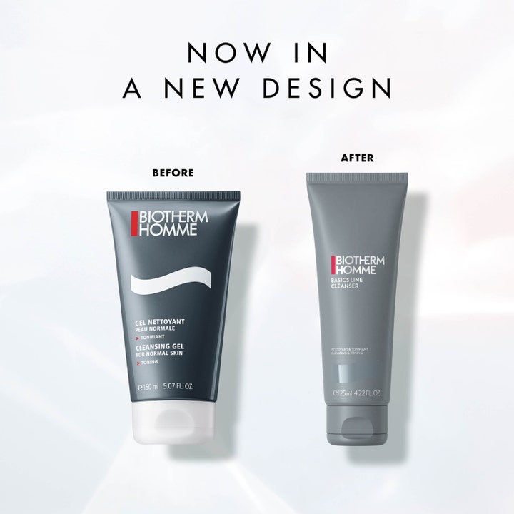 Biotherm Homme Cleansing Gel 125 ml ansigtsrens i nyt design vist som en slank grå tube ved siden af den gamle